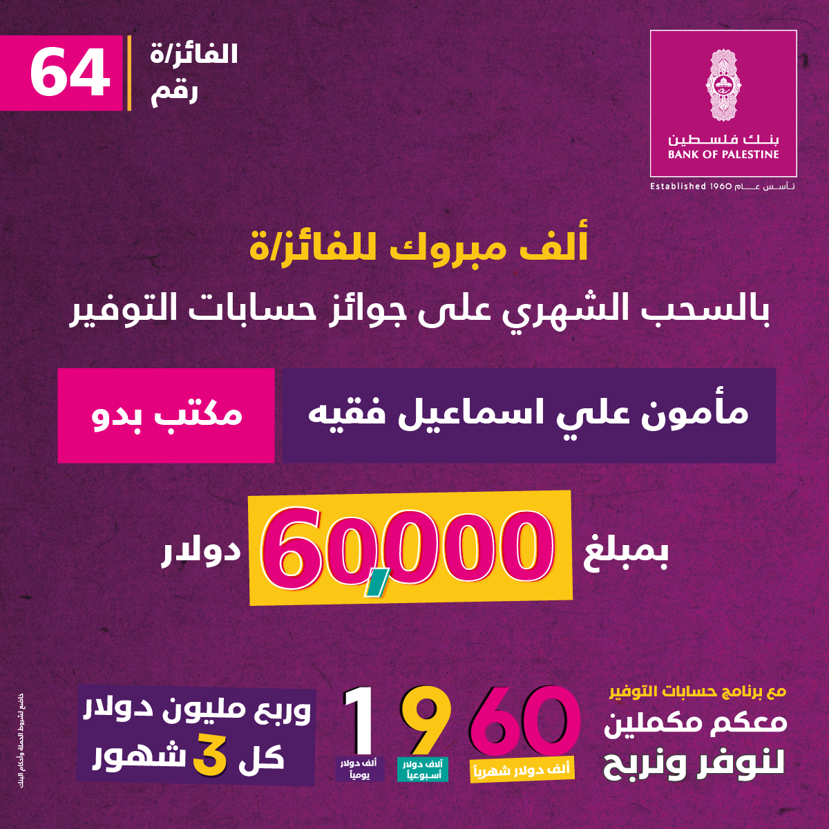 جرى السحب على الجائزة في فرع البنك بمدينة غزة  بنك فلسطين يعلن اسم الفائز بجائزة حسابات التوفير الشهرية وقيمتها 60 ألف دولار أمريكي   