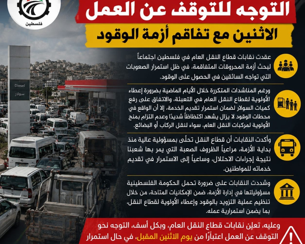 نقابات النقل في فلسطين تهدد بإضراب شامل الاثنين مع تفاقم أزمة الوقود