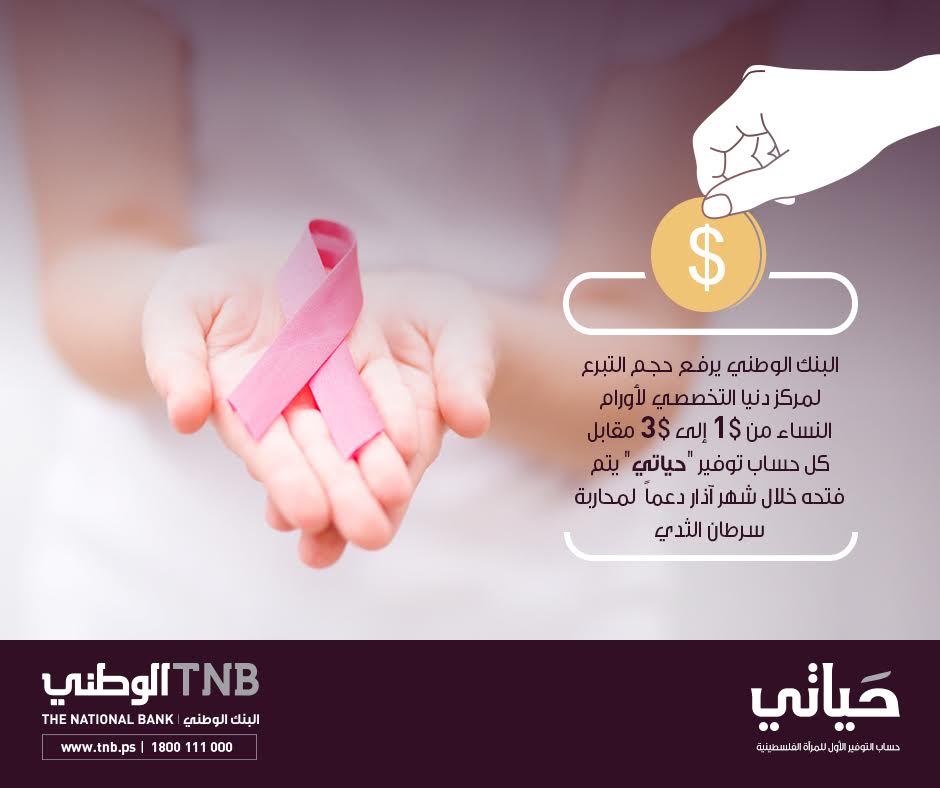 البنك الوطني يرفع حجم تبرعه من 1$ إلى 3$ مقابل كل حساب توفير "حياتي" يتم فتحه لصالح مركز دنيا التخصصي لأورام النساء خلال شهر آذار البنك الوطني